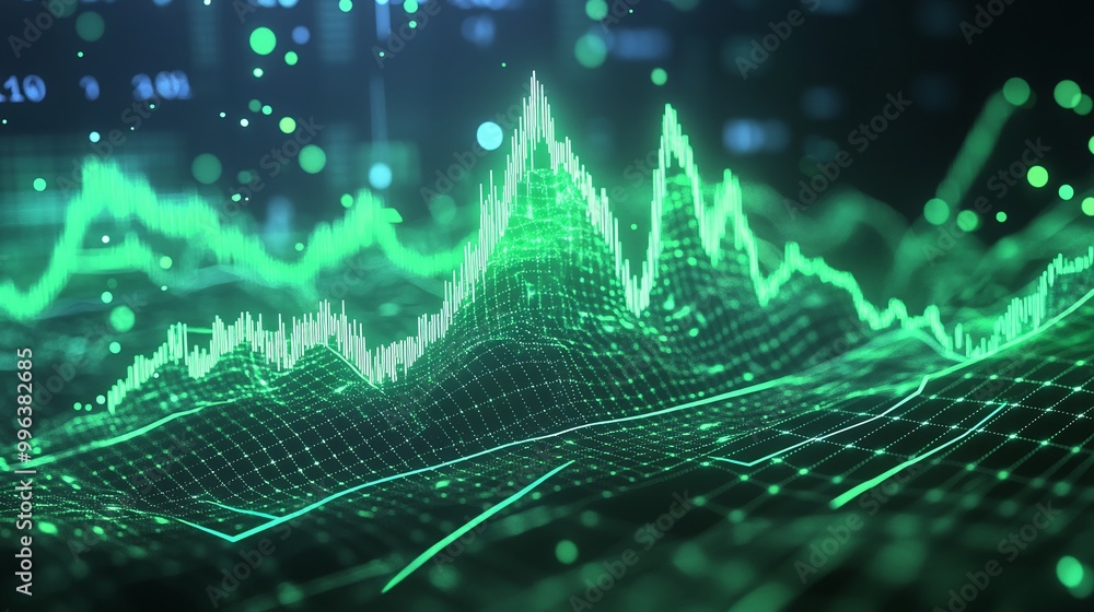 Poster abstract green data visualization with dynamic lines and glowing particles on a dark background.