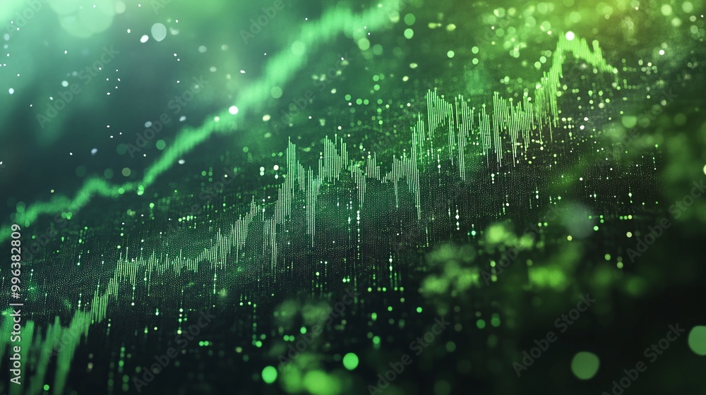 Poster abstract green data visualization with fluctuating graphs and glowing particles representing financi