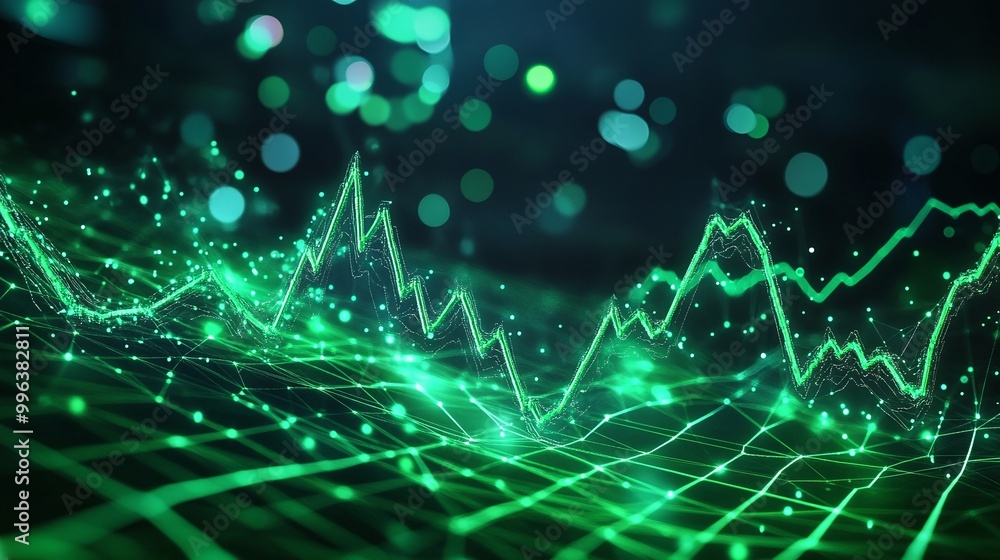 Poster abstract green data visualization with fluctuating lines and glowing particles in a digital environm