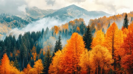 Stunning panoramic view of an autumn forest showcasing seasonal color changes ideal for nature beauty backgrounds or wallpapers