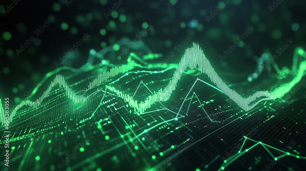 Poster abstract green data visualization with graph lines and digital elements on a dark background.