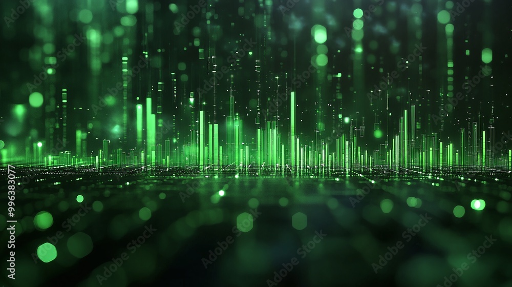 Poster abstract green data visualization with glowing vertical lines representing digital waves and sound f