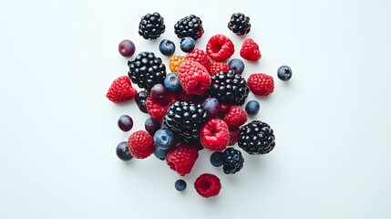 Cluster of mixed berries captured in motion on a white background