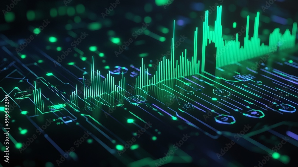 Poster abstract green digital data visualization on black background with graphs and numbers.