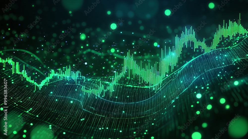 Poster abstract green digital data visualizations with glowing particles and waveforms on a dark background