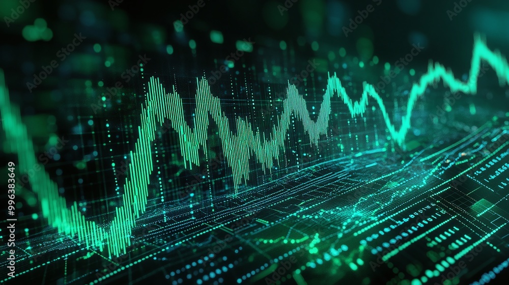 Poster abstract green digital financial chart displaying data fluctuations and trends.