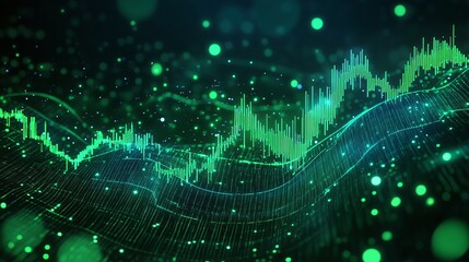 Abstract green digital data visualizations with glowing particles and waveforms on a dark background.