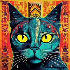 Modern tech-inspired cat illustration with vibrant colors for eye-catching t-shirt design