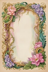 Elegant Floral Border with Pink and Purple Flowers on a Vintage Beige Background