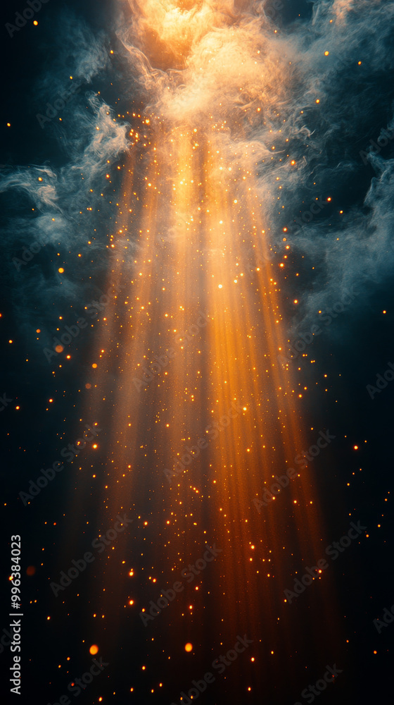 Poster Golden light beams through dark clouds, creating a mystical atmosphere.