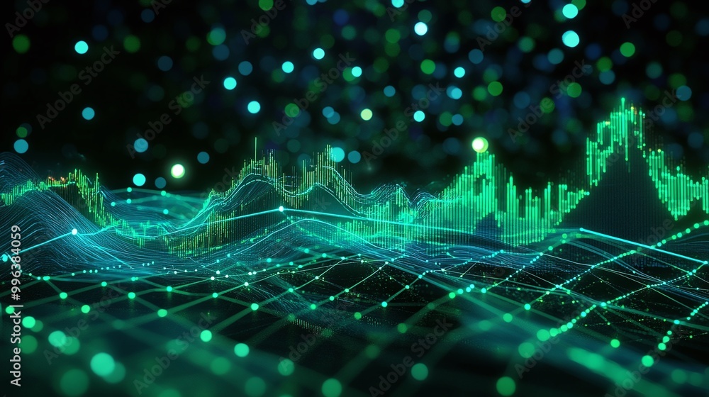 Poster abstract green digital landscape with glowing particles and waveforms representing data visualizatio