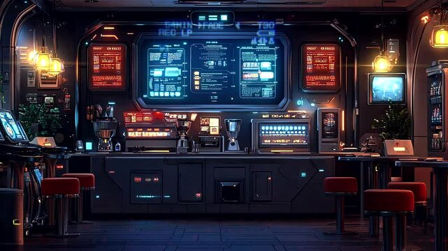Futuristic cafe interior with advanced technology displays and cyberpunk design. Seamless looping 4K video background