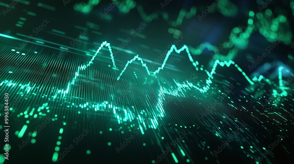 Poster abstract green digital sound wave pattern on a dark background representing data visualization.