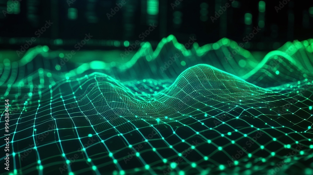 Poster abstract green digital landscape with grid lines and wave patterns, showcasing futuristic data visua