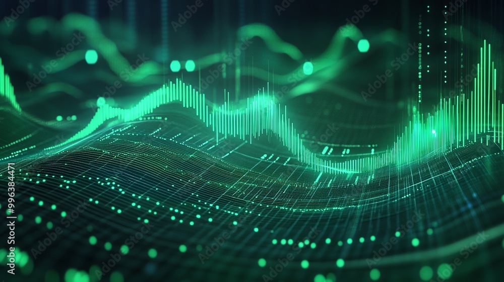 Poster abstract green digital sound waves on dark background, representing audio data visualization.