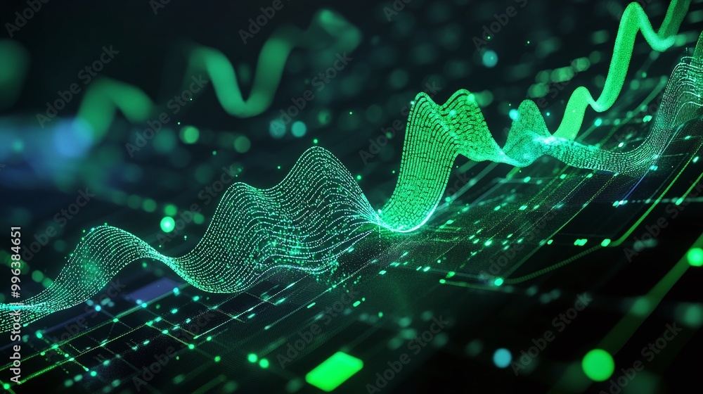 Poster abstract green digital wave patterns with data visualization elements against a dark background.