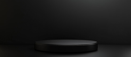 Black podium for product presentation on a dark background. Minimal mockup scene with empty space.