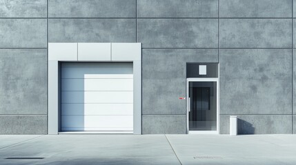 Modern industrial building exterior featuring a closed white door and window showcasing an emergency exit or entrance with a frontal view on a sunny day