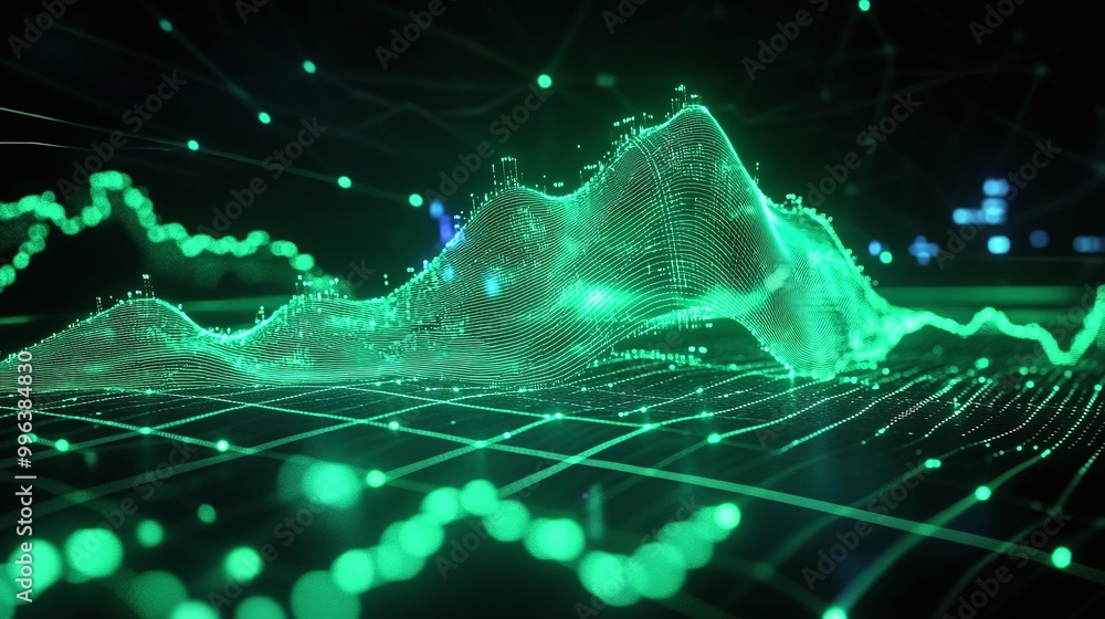 Poster abstract green digital wave visualization representing data analysis and technology trends against a