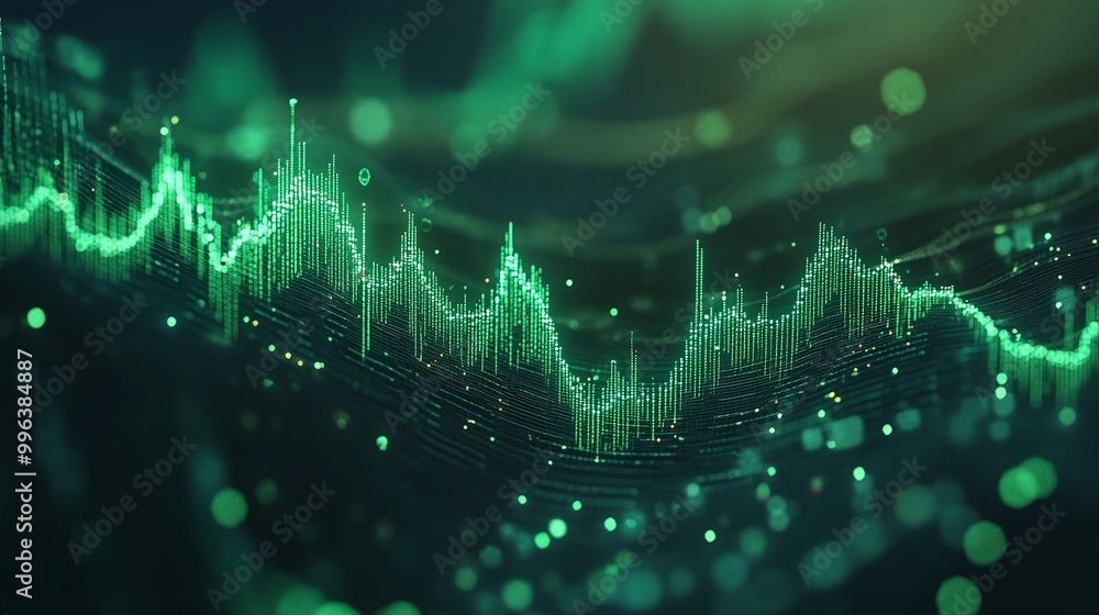 Poster abstract green digital wave with glowing particles, representing data flow and technology innovation