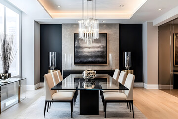 A sleek and sophisticated dining room featuring a glass table with elegant cream-colored chairs, a modern chandelier, and minimalist decor. 