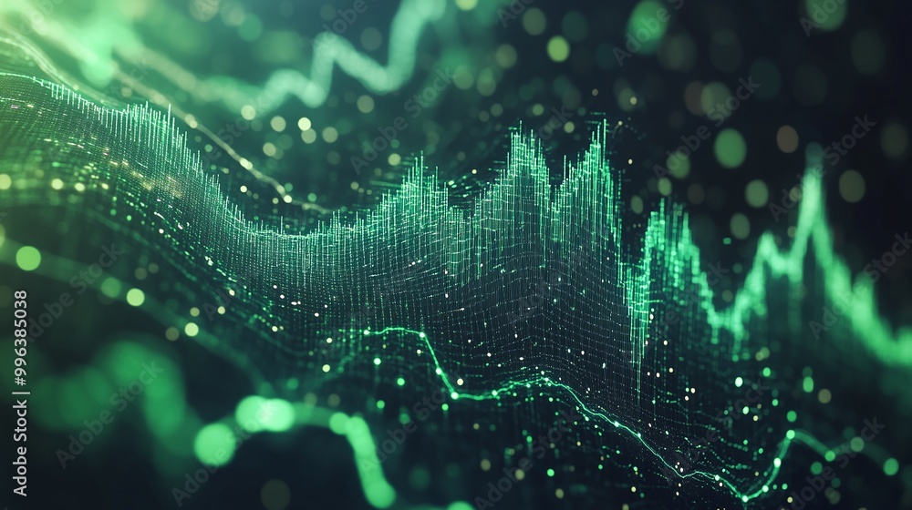 Poster abstract green digital wave with glowing particles representing data visualization and analytics.