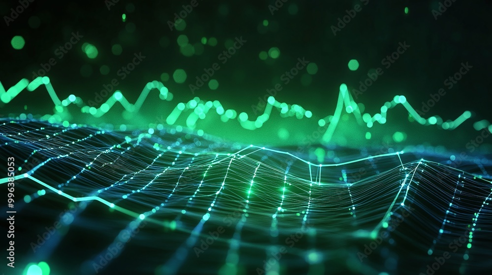 Poster abstract green digital waveform with glowing lights and grid design, perfect for technology and data