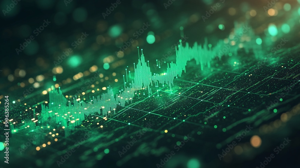 Aufkleber abstract green financial data visualization with digital graphs and glowing lights on a dark backgro