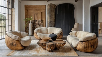 Stylish living room interior featuring unique handcrafted furniture