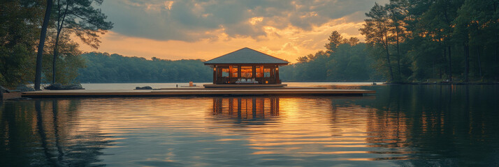 Fototapeta premium A wooden cabin sits on a calm lake at sunset.
