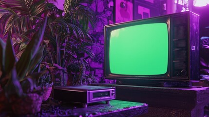 Close up shot of a dated TV set with a chroma key template display. Concept from the Nineties.