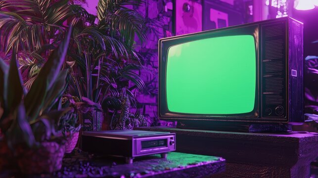 Close up shot of a dated TV set with a chroma key template display. Concept from the Nineties.
