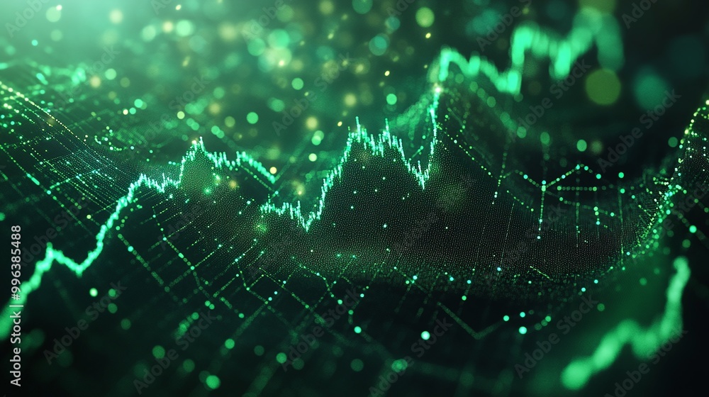Poster abstract green financial graph with glowing particles and lines representing data trends and analyti