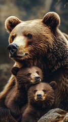 Obraz premium Tender Moment Between Brown Bear and Cub in Natural Habitat.