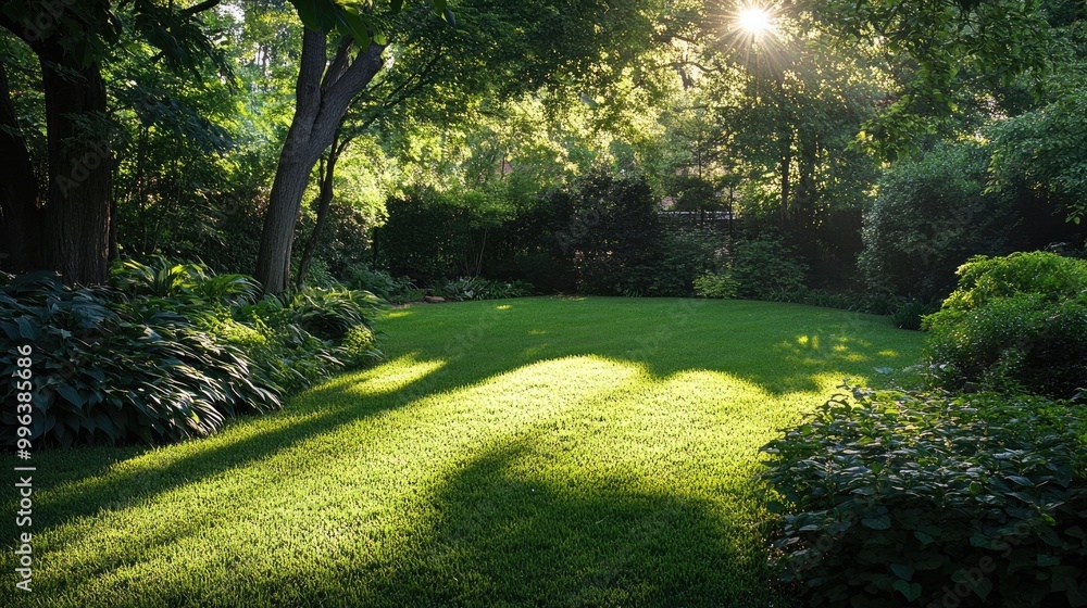 Canvas Prints lush green yard illuminated by sunlight filtering through the foliage of surrounding trees