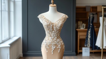Elegant wedding dress displayed on a mannequin, featuring intricate floral embroidery and a captivating silhouette.