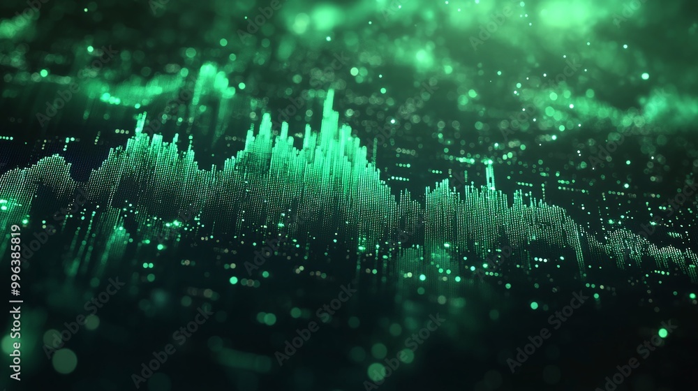 Poster abstract green sound wave visualization with sparkling particles.