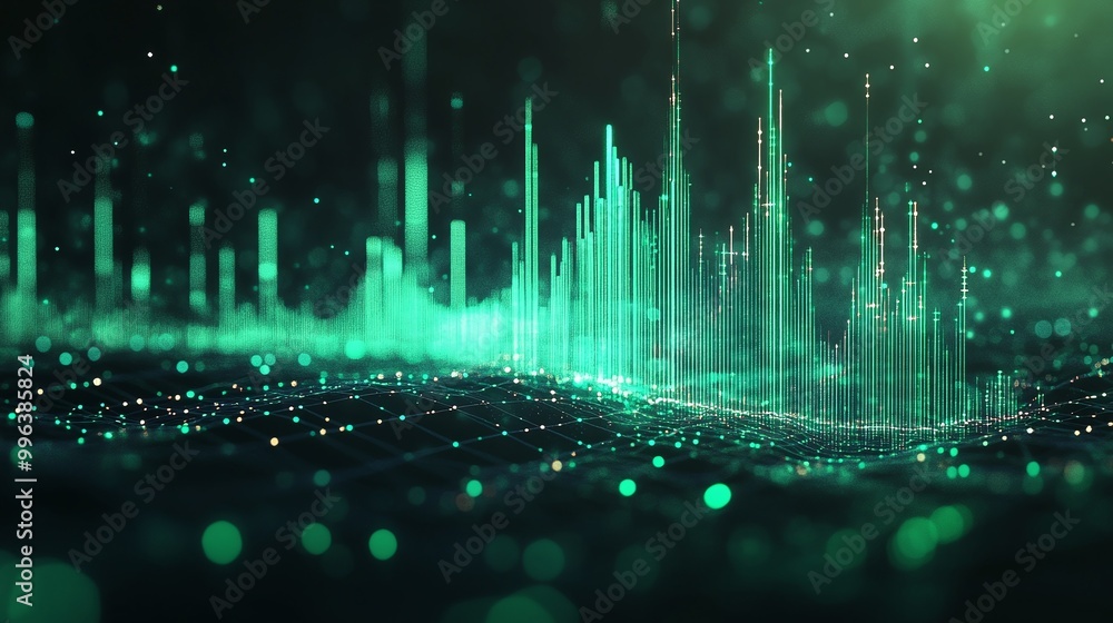 Poster abstract green sound wave visualization with shimmering particles and dynamic lines on a dark backgr