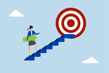 Career path, confident businesswoman climbs stairs with an arrow in hand to reach her goal.