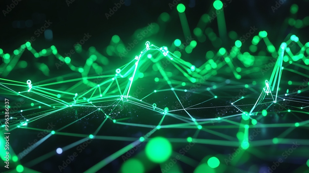 Poster abstract green technology background with connected lines and glowing dots, representing data networ