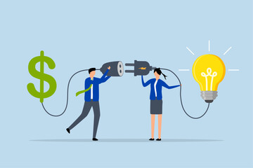 Financial support for startup and entrepreneur company, Businessman and businesswoman link a lightbulb and a dollar sign.