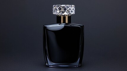Elegant black perfume bottle with a crystal top, perfect for showcasing luxury fragrance on a dark background.