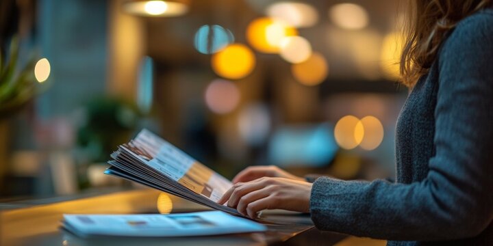 Staff member organizing brochures at reception, softly illuminated by nearby fixtures, blurred background enhancing focus on the task.