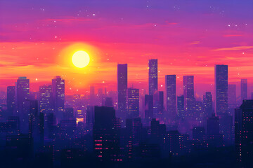 A dynamic urban background showcasing a city skyline