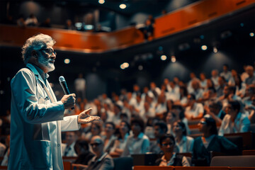 Portrait of a senior doctor teaching on a seminar in a board room or during an educational class at convention center