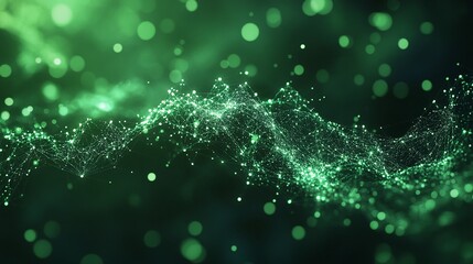 Abstract green wave of light particles on a dark background, creating a mesmerizing visual effect.
