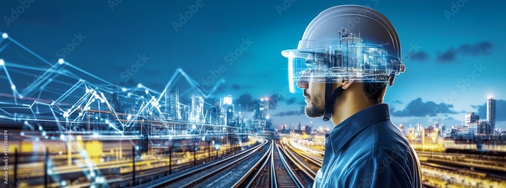 Poster the image of a man wearing a hard hat in front of train tracks was generated using machine learning