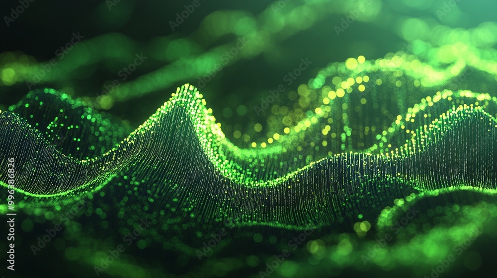 Poster abstract green wave patterns with glowing particles on a dark background.