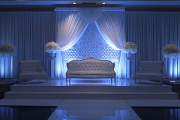 White Wedding Stage Decor with Blue Lighting