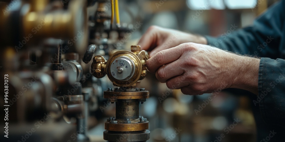 Aufkleber technician adjusting valve in workshop, hands focused on precision, soft background blur, warm illum